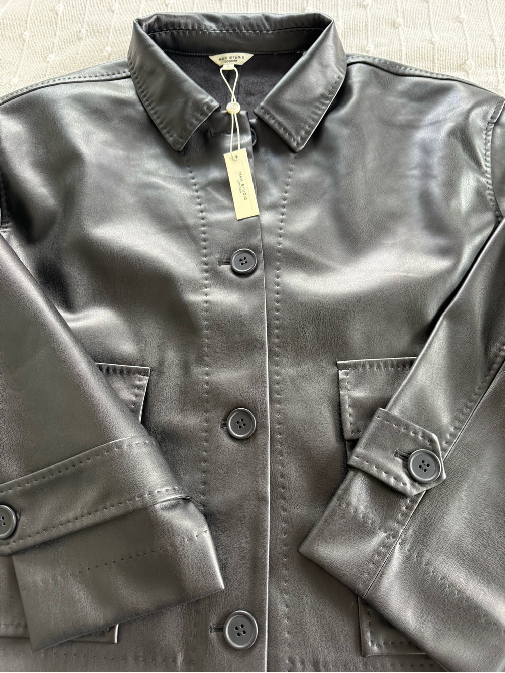 Max Studio Black Faux Leather Button-Front Jacket Oversized - Picture 13 of 16